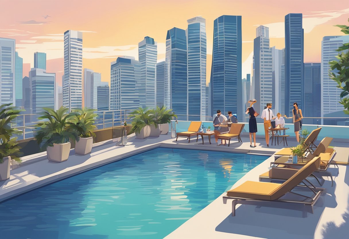 Guests enjoying the rooftop pool with a view of the city skyline and sipping cocktails at the last minute hotel in Singapore