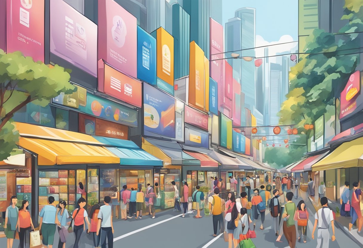A bustling Singapore street with colorful banners promoting credit card deals. Shoppers eagerly inquire about the latest promotions at various stores