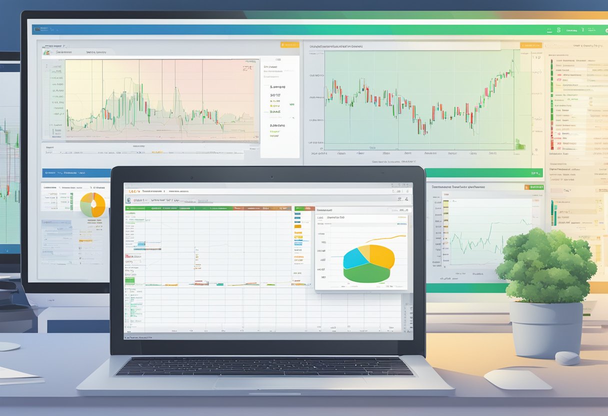 A computer screen displaying the AxiTrader Pro account types with graphs and charts in the background