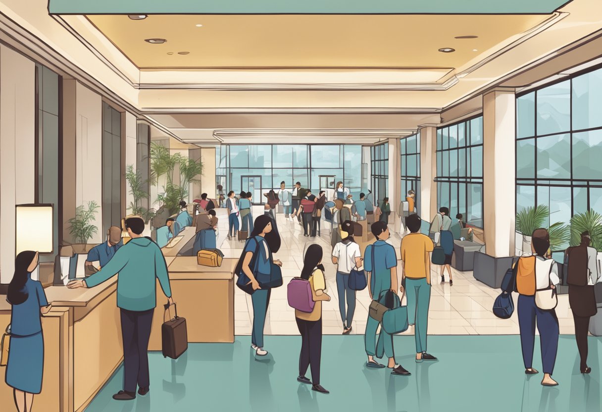 A bustling hotel lobby in Singapore, with a sign reading "Frequently Asked Questions" prominently displayed. Guests and staff move about, creating a sense of urgency and last-minute activity