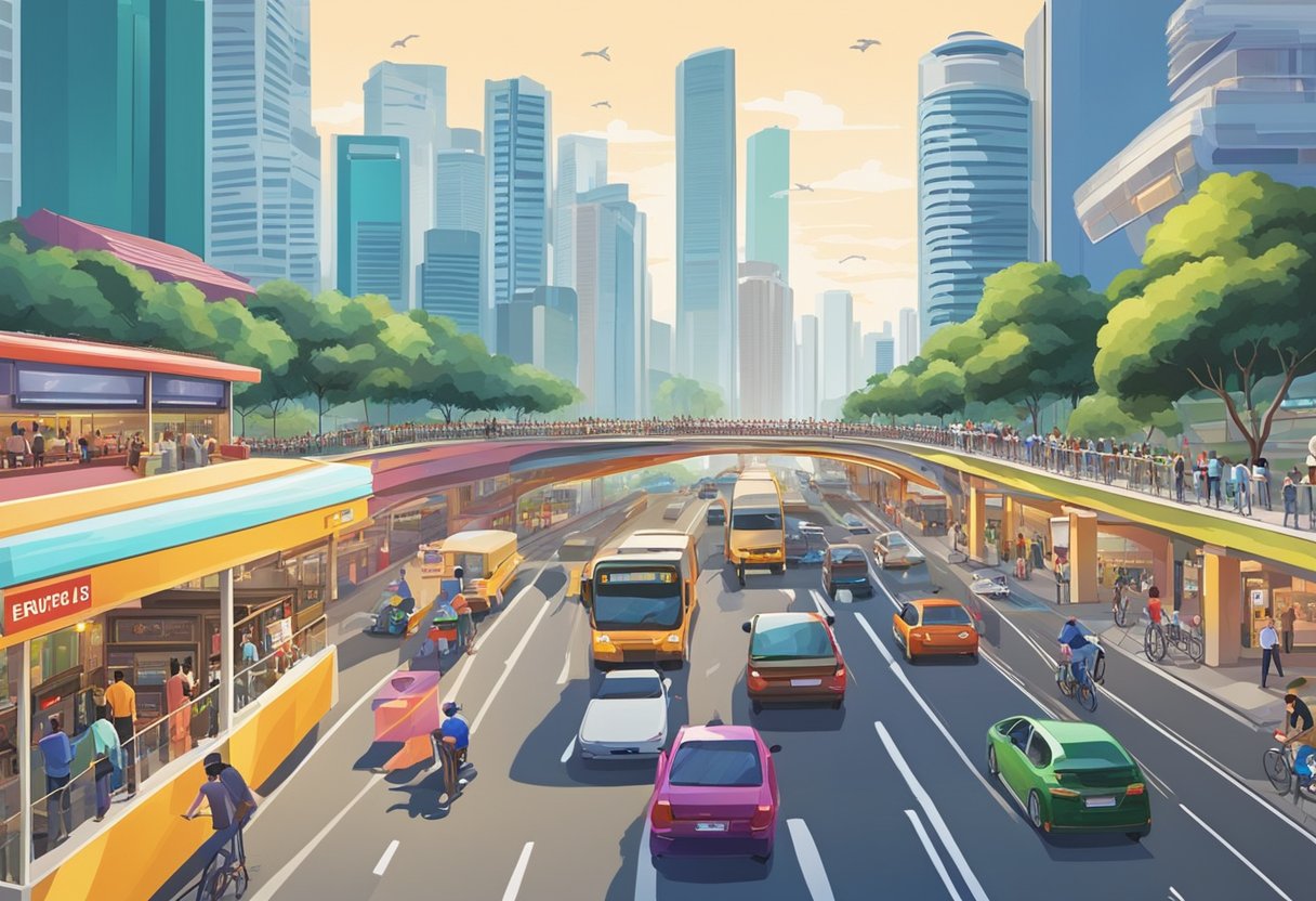 A bustling Singapore border reopens with people and vehicles crossing freely. The iconic skyline and bustling activity showcase the city's vibrant energy