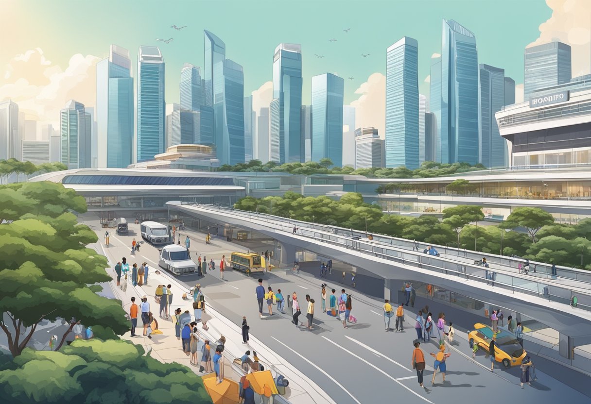Singapore border reopens with people crossing, airport and seaport bustling with activity, officials checking documents, and travelers excitedly exploring the city