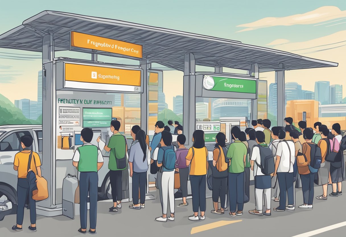 People lining up at a Singapore border checkpoint, with signs displaying "Frequently Asked Questions" about the border opening