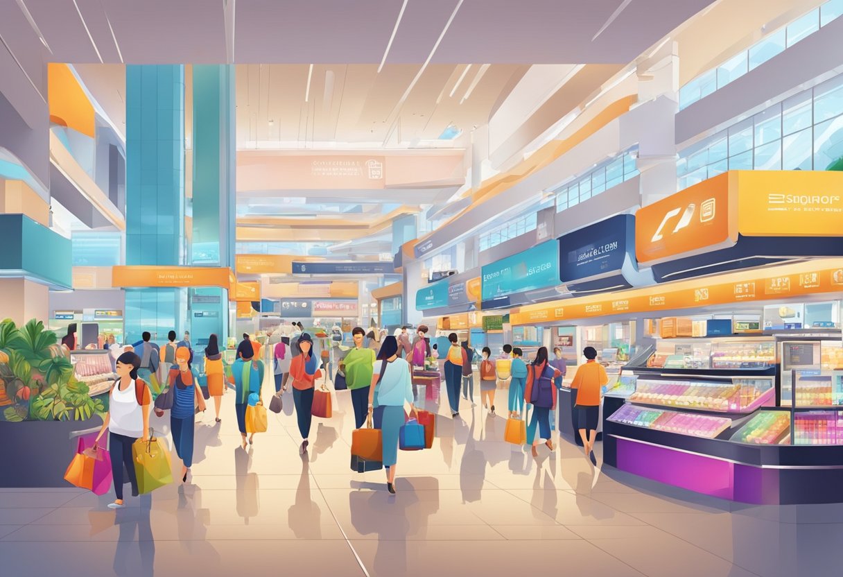 The bustling Singapore duty-free area features colorful displays of luxury goods and electronic gadgets, with travelers browsing and making purchases