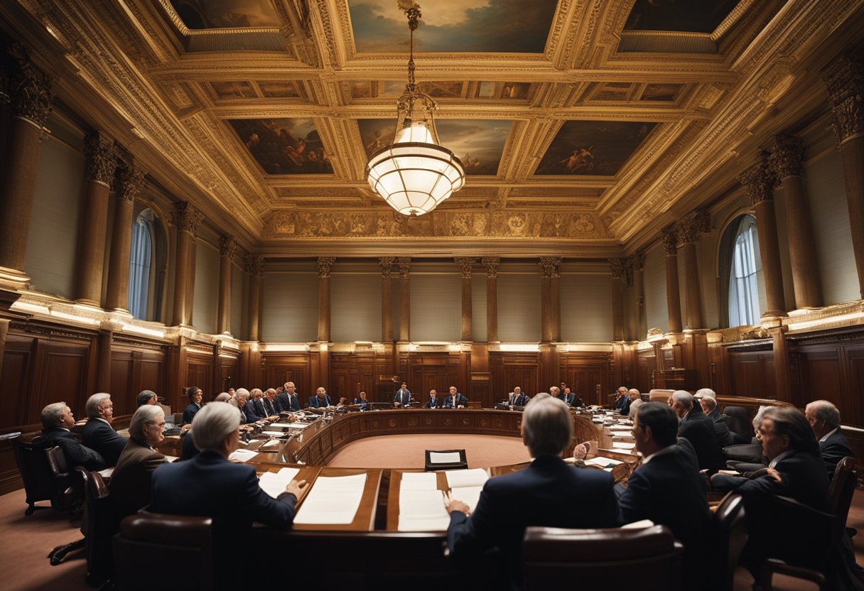 A group of lawmakers discuss and debate insider trading laws in a grand, ornate legislative chamber, surrounded by historical documents and portraits