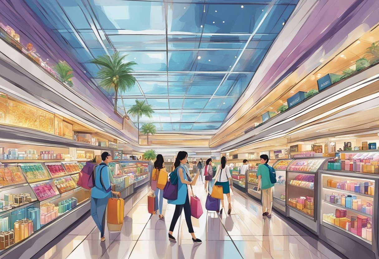 Passengers browse luxury goods at Changi Airport's duty-free shops. Bright lights illuminate shelves of perfumes, chocolates, and electronics. A bustling atmosphere fills the air