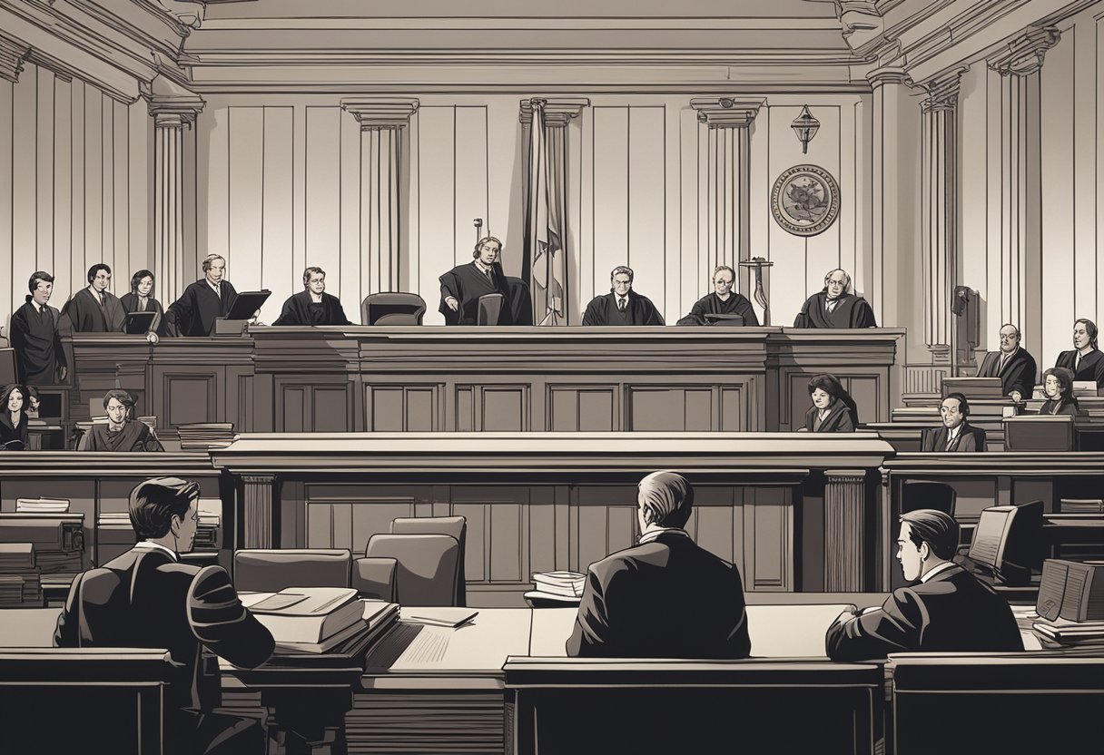 A courtroom with a judge presiding over a trial, lawyers presenting evidence, and a jury listening attentively. The focus is on the legal process and the enforcement of insider trading laws