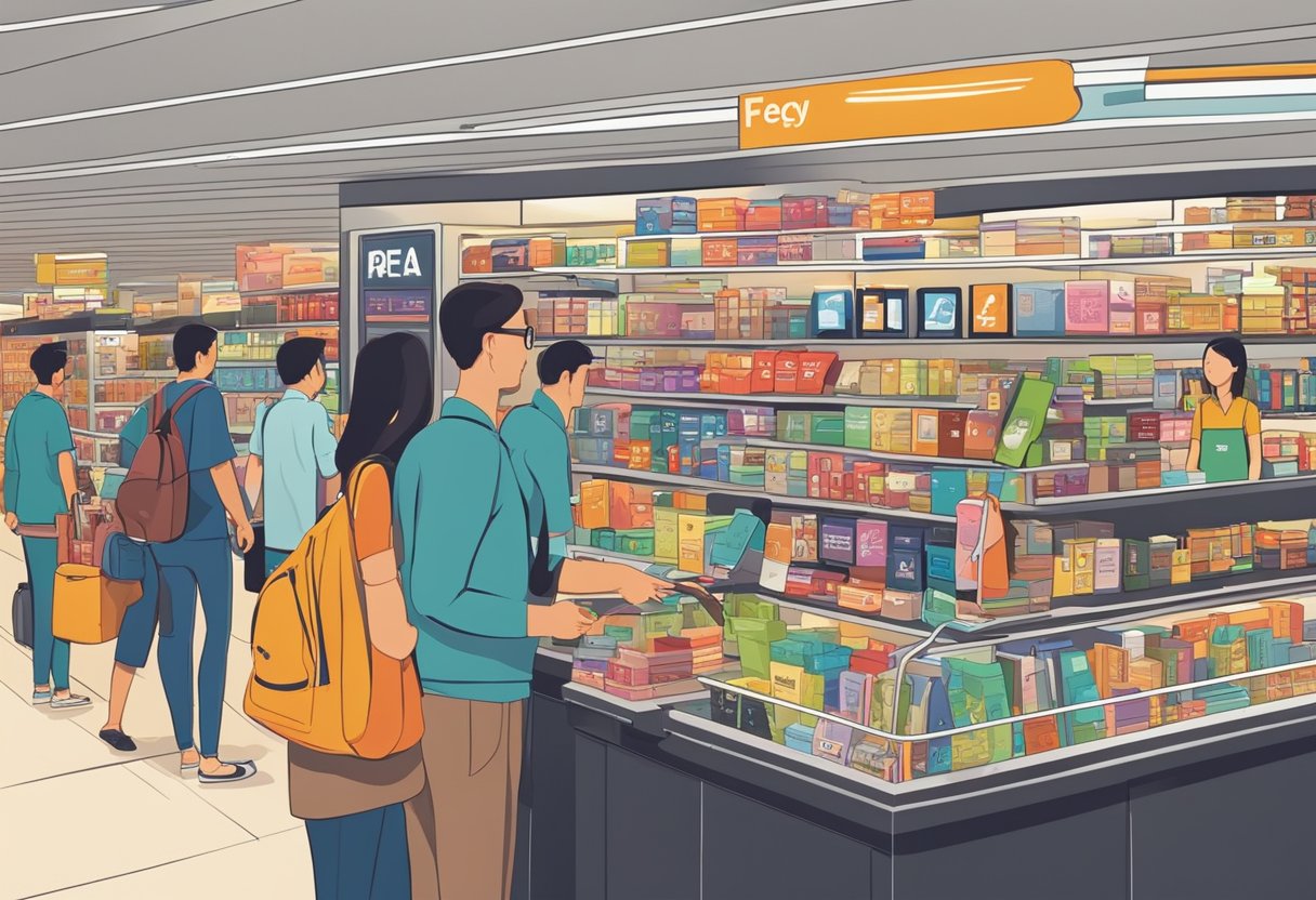 Passengers browsing duty-free shops at Singapore airport. Shelves filled with products, signs indicating "Frequently Asked Questions" section. Busy atmosphere