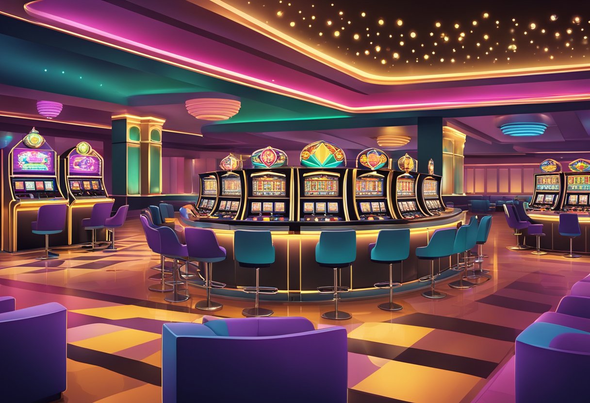 A vibrant casino lobby with flashing lights and sleek, modern decor. Slot machines line the walls, and a roulette table is surrounded by excited players