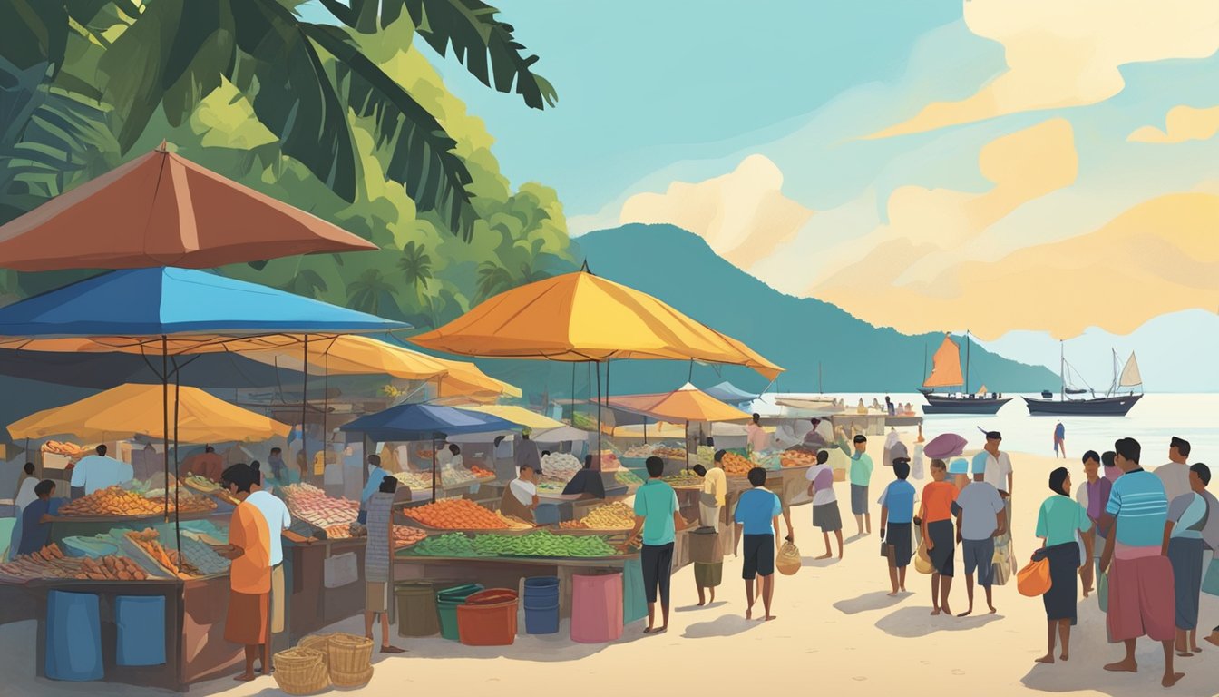 A bustling beachside market with colorful stalls selling fresh seafood in Pantai Cenang, Langkawi. The aroma of grilled fish and spices fills the air as locals and tourists browse the selection