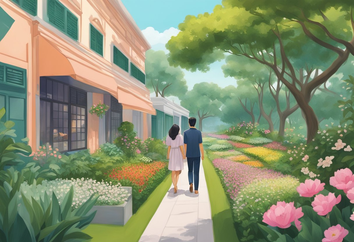 A couple strolling through a lush garden, surrounded by blooming flowers and a serene pond, with the iconic Love and Co Singapore storefront in the background