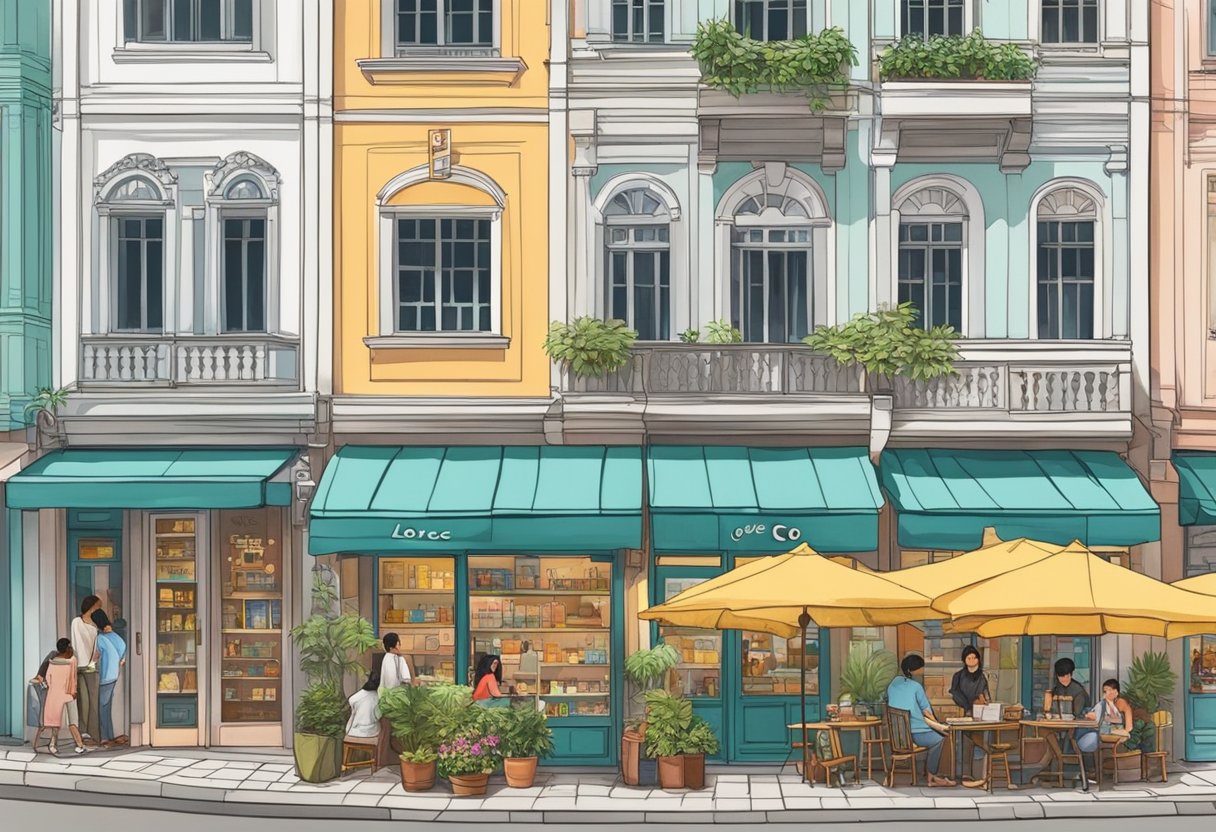 A bustling street in Singapore, with colorful storefronts and vibrant signs for "Love & Co." The shop exudes a warm and inviting atmosphere, drawing in passersby with its charm and elegance