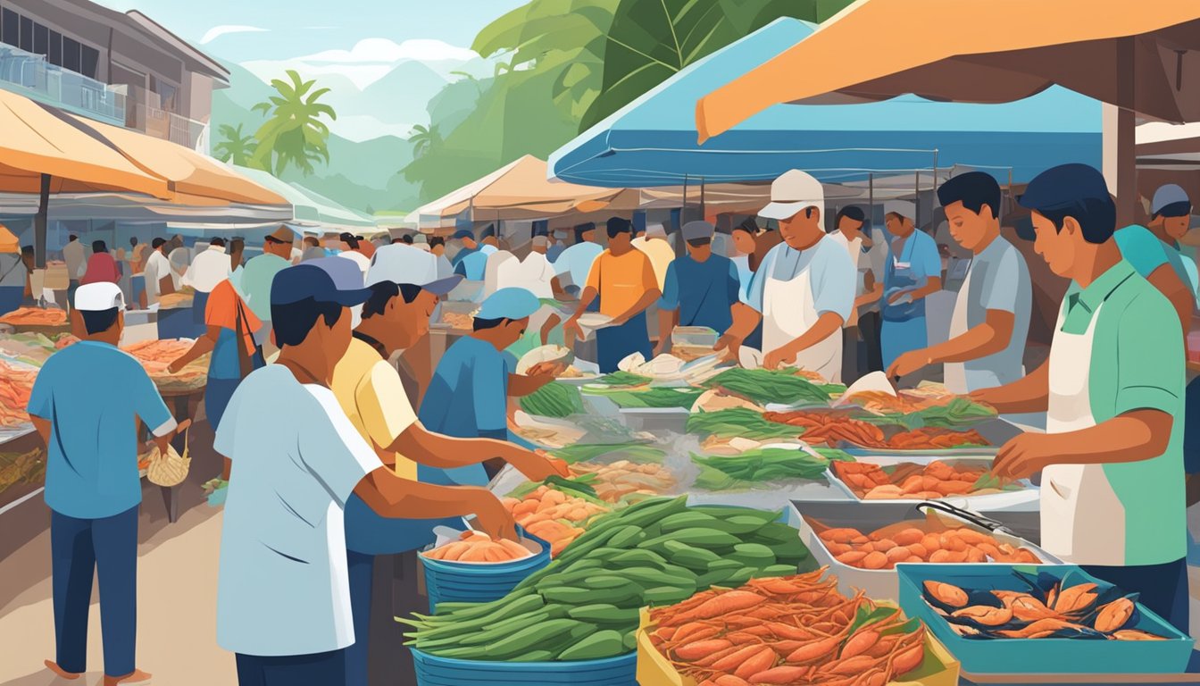 A bustling seafood market in Langkawi's Pantai Cenang, with vendors showcasing their fresh catches and eager customers browsing for the best seafood