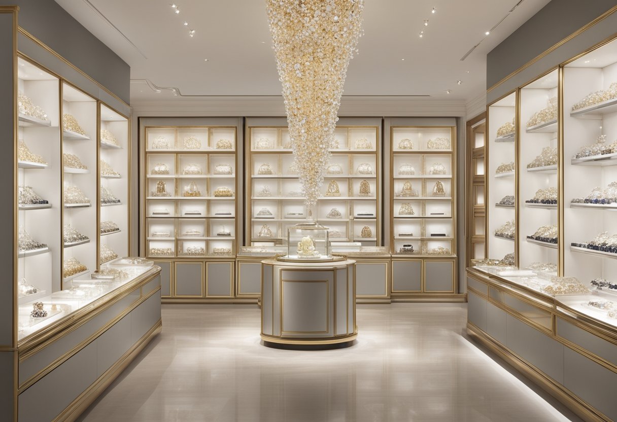 A sparkling array of diamonds, pearls, and gemstones fills the luxurious display cases at Love & Co.'s jewellery collection. The elegant pieces shimmer under the soft lighting, showcasing the exquisite craftsmanship and timeless beauty of each unique design