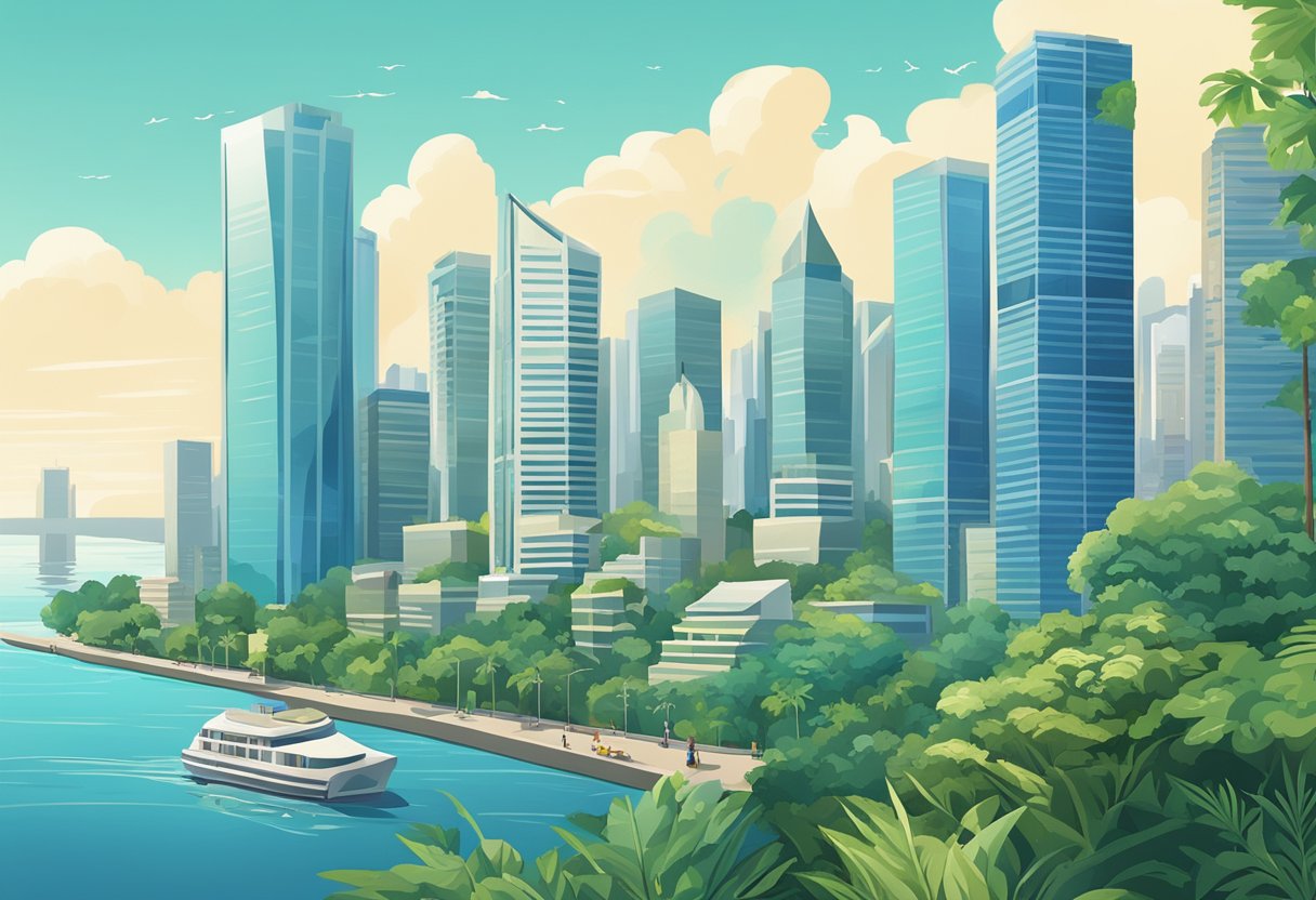 A bustling cityscape with iconic skyscrapers and lush greenery, set against a backdrop of blue skies and calm waters