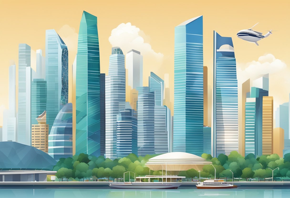 A bustling cityscape with modern skyscrapers and innovative architecture, showcasing the dynamic and forward-thinking nature of Singapore's strategic developments and innovations