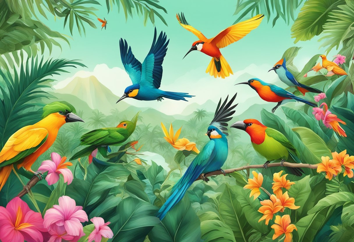 Lush green foliage, vibrant flowers, and a variety of colorful birds fluttering and perching in a tropical paradise