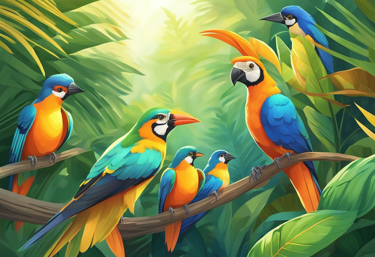 Colorful birds fluttering among lush foliage in Birds Paradise, Singapore. Sunlight filters through the canopy, casting a warm glow on the vibrant feathers
