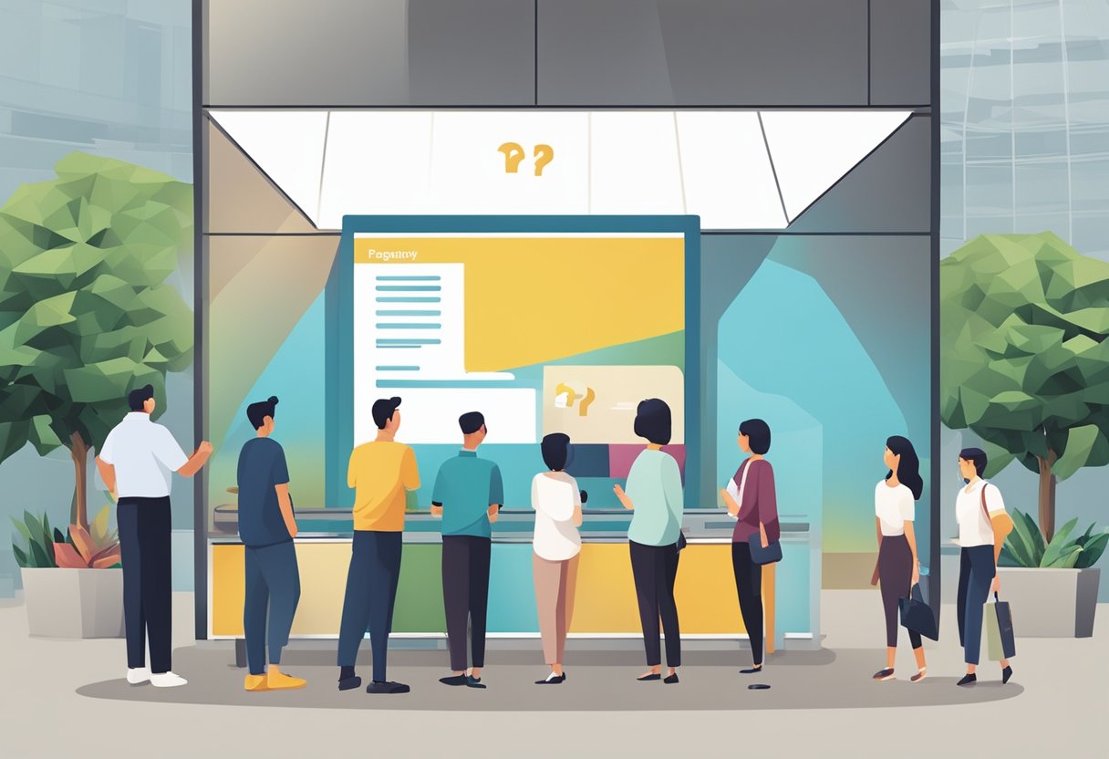 A group of people standing in front of a large sign that reads "Frequently Asked Questions" at the entrance of ASM Singapore