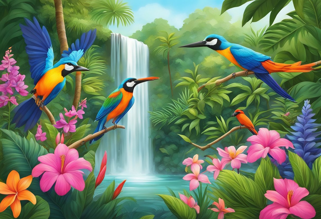 Colorful birds perched on lush tropical trees, surrounded by vibrant flowers and flowing waterfalls at the Visitor Information center in Singapore's bird paradise