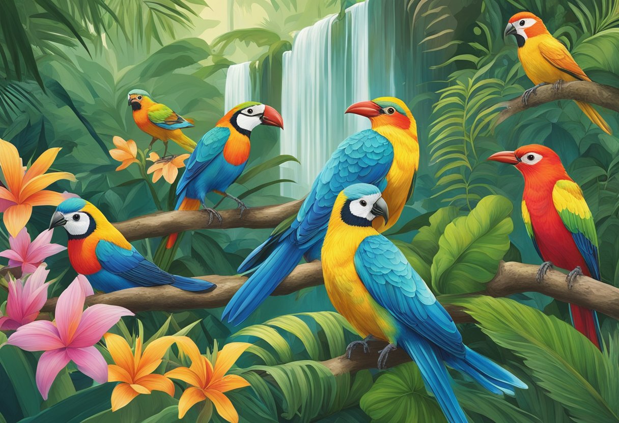 Colorful birds in a lush tropical setting, with vibrant foliage and cascading waterfalls. A sign reading "Frequently Asked Questions birds paradise singapore" is prominently displayed