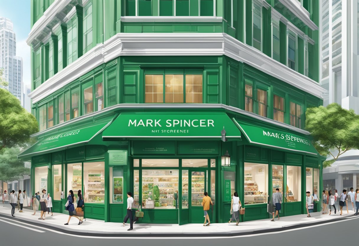 The iconic green and white storefront of Mark & Spencer Singapore, surrounded by bustling city streets and vibrant signage