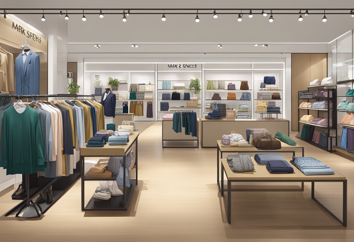 A display of Mark & Spencer products in a Singaporean store, showcasing a variety of clothing, accessories, and home goods