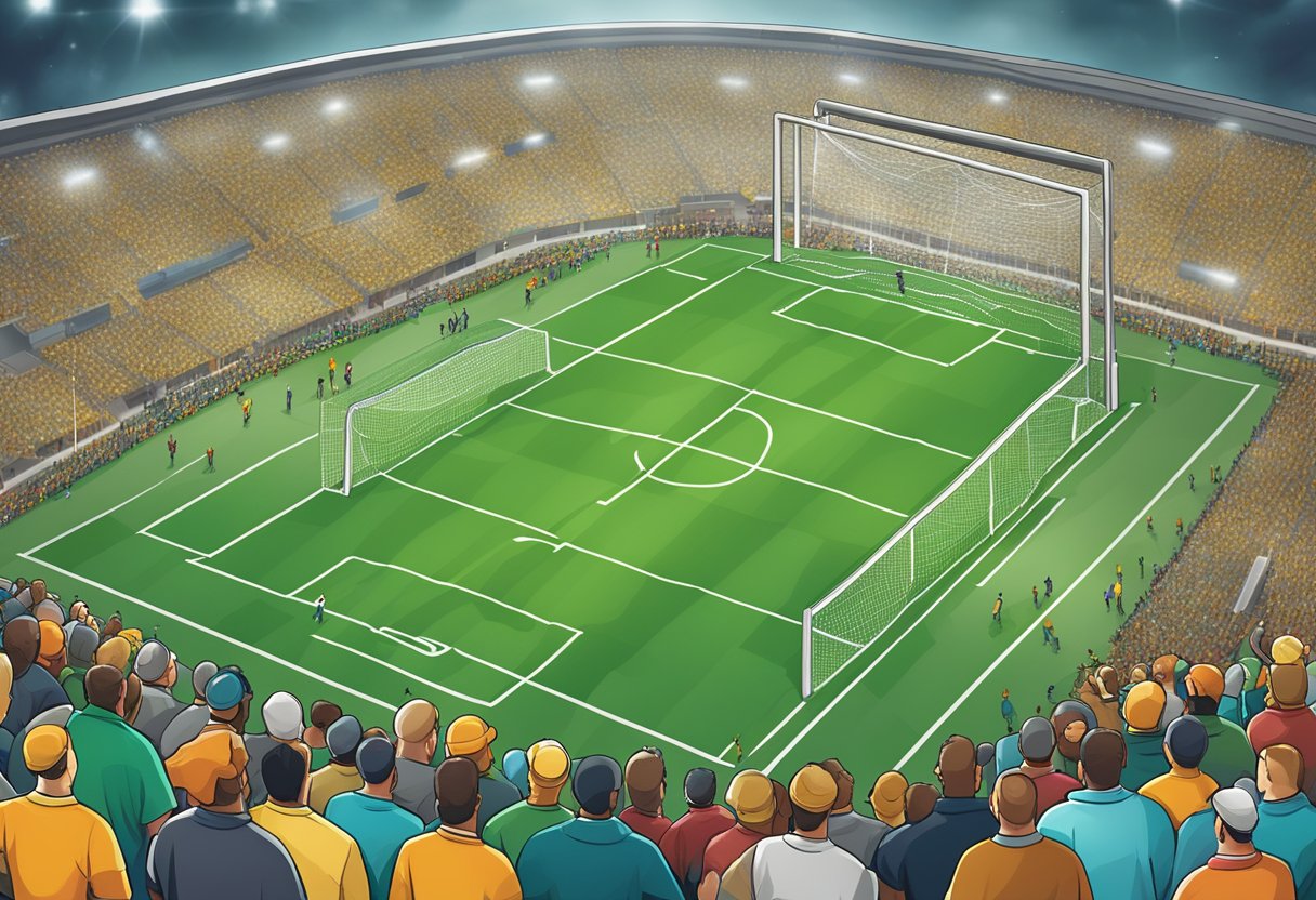 A football field with goalposts, players in action, and a crowd cheering