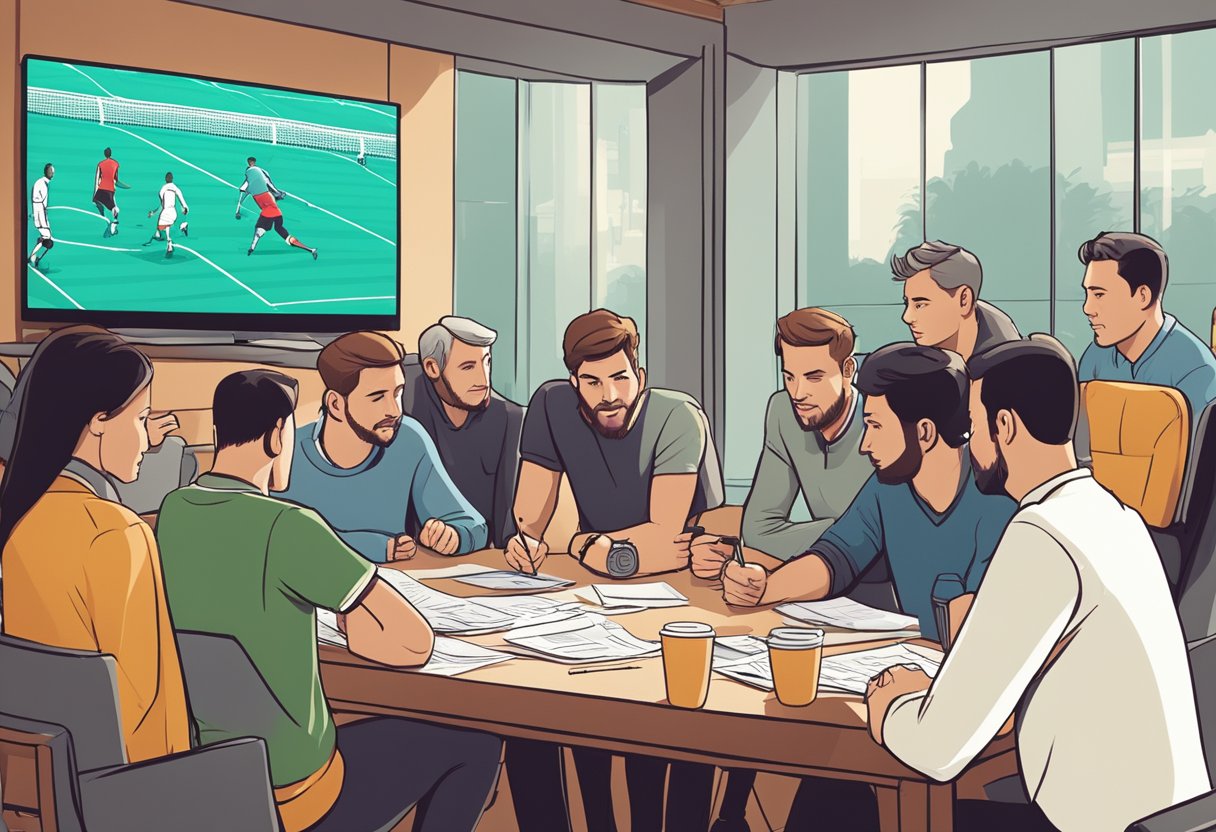 A group of people gather around a television screen, eagerly watching a football match. Betting slips and pens are scattered on the table as they discuss the odds and make their predictions