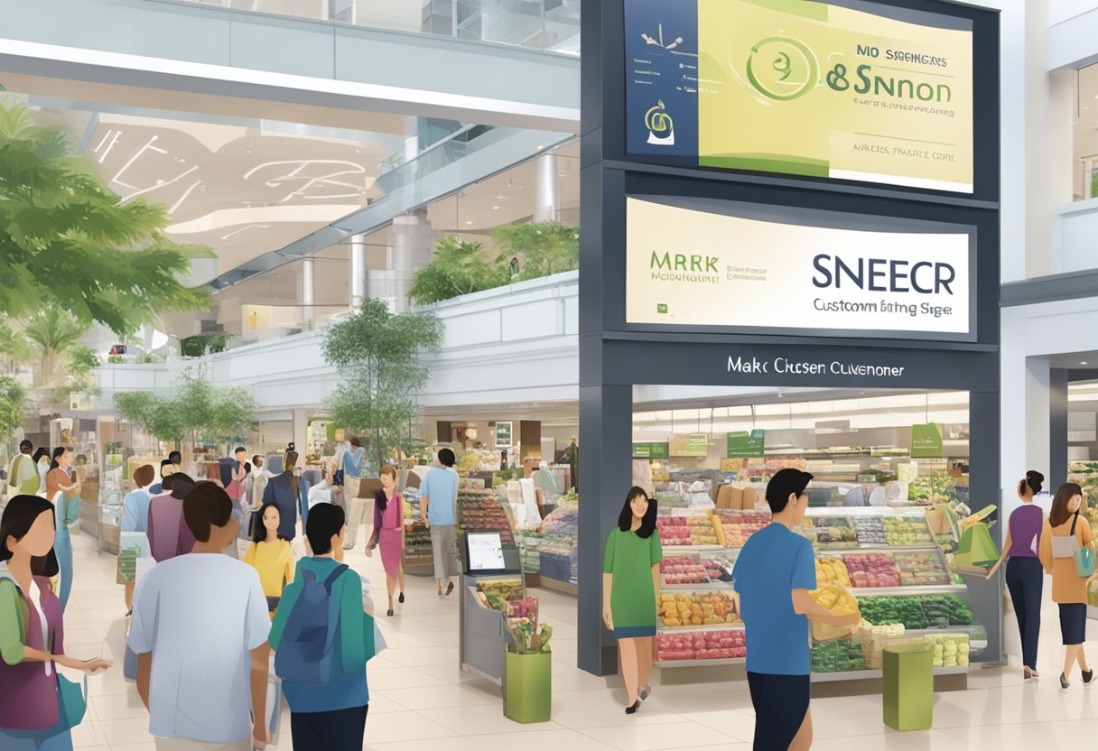 A display of Mark & Spencer Singapore customer information signage in a busy retail environment