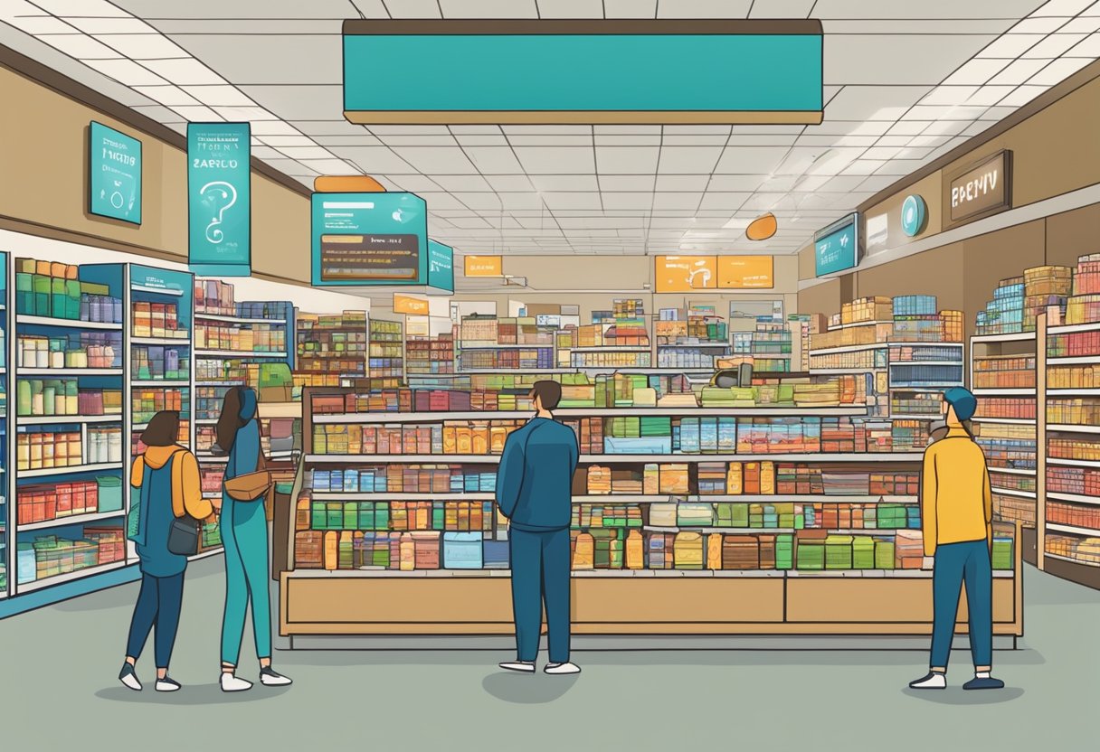 A busy store with shelves of products, customers browsing, and a prominent "Frequently Asked Questions" sign at the entrance