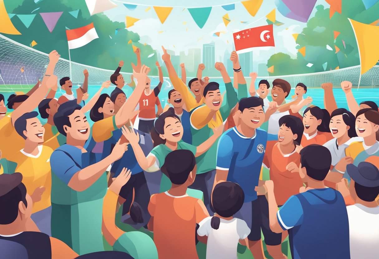 A diverse group of people gather around a Singapore Pools football match, cheering and celebrating together, showcasing the community and social impact of the sport
