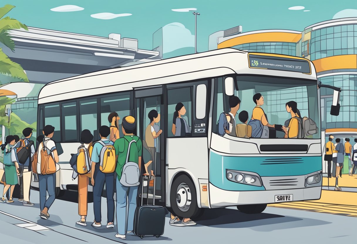 Passengers boarding a bus in Singapore, with luggage being loaded underneath. A sign reads "Hatyai" above the ticket counter