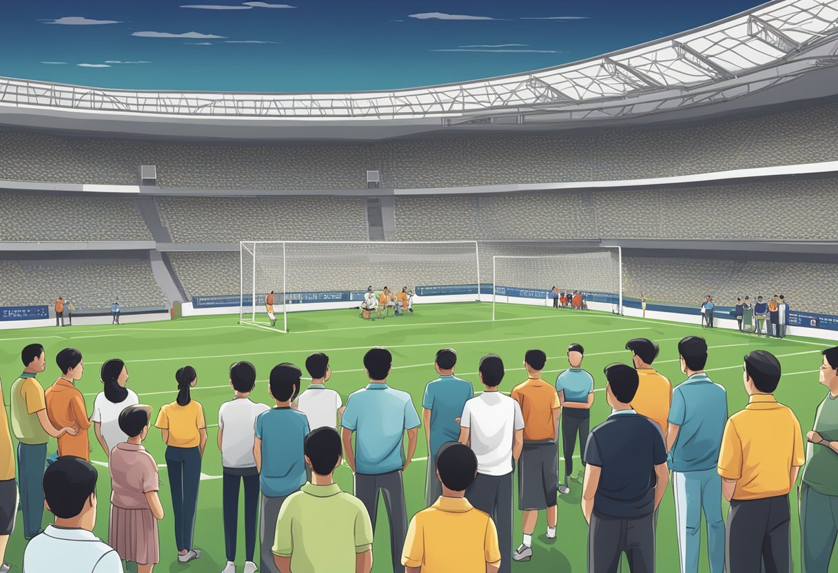 A group of people gathered around a sign that reads "Frequently Asked Questions" about Singapore Pools football, with a football field in the background