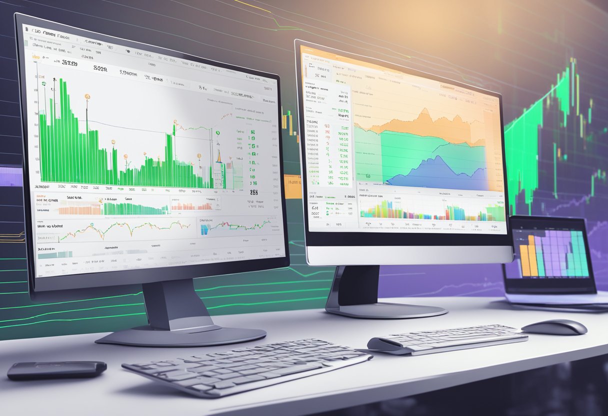 A computer screen displays live trading data on the Bitstamp platform. Graphs show price movements while algorithms execute trades in the background