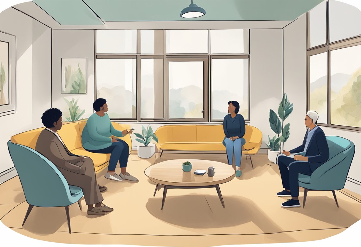 A peaceful room with two individuals sitting across from each other, engaged in a conversation while a mediator facilitates the discussion