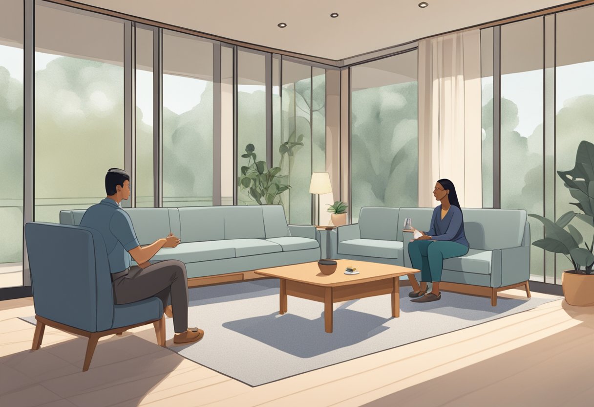 A serene room with two individuals sitting across from each other, engaged in a calm and respectful conversation. A mediator facilitates the dialogue, creating a peaceful and collaborative atmosphere