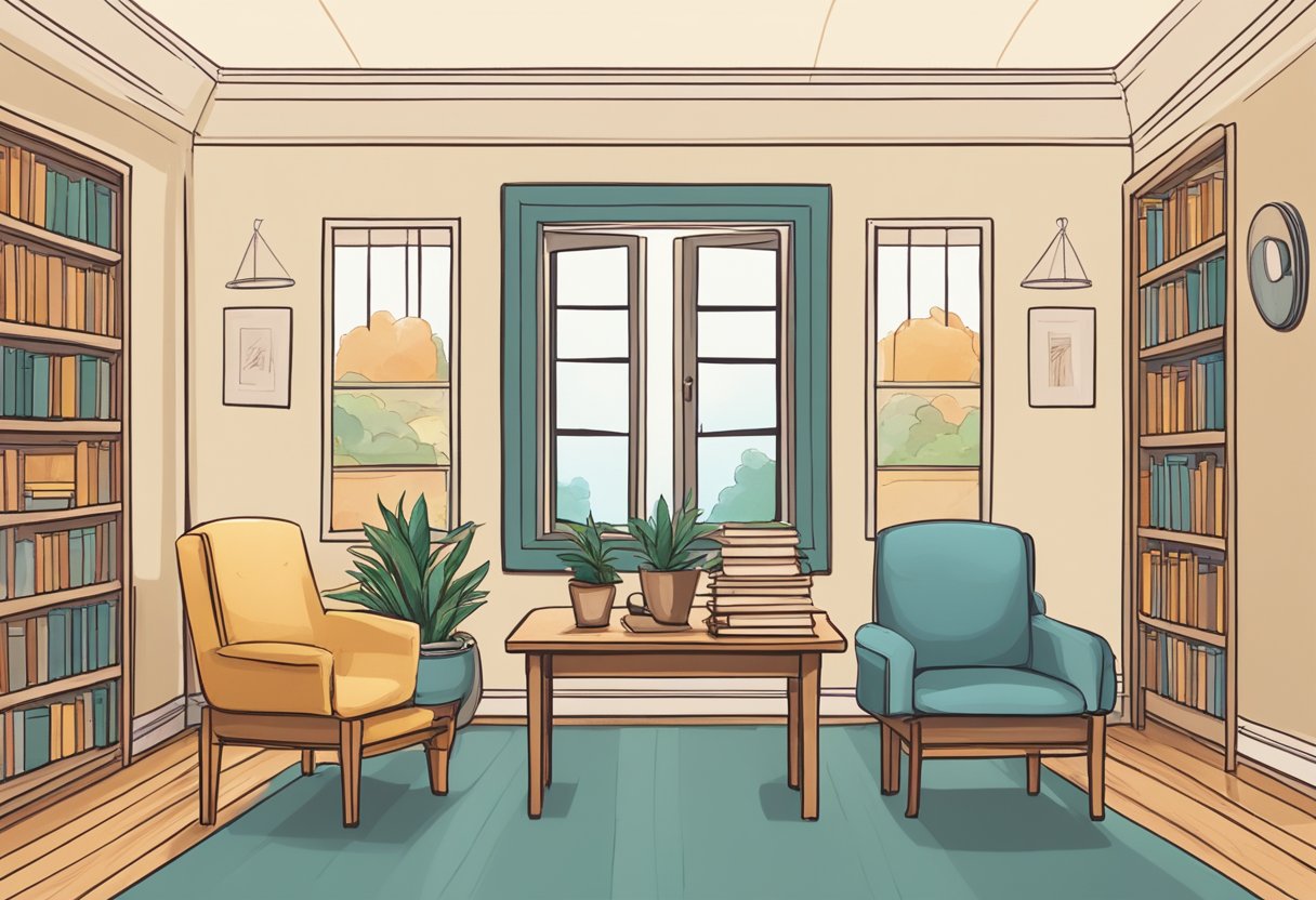A peaceful room with two chairs facing each other, a table in between, and soft lighting. A shelf with books and resources on mediation
