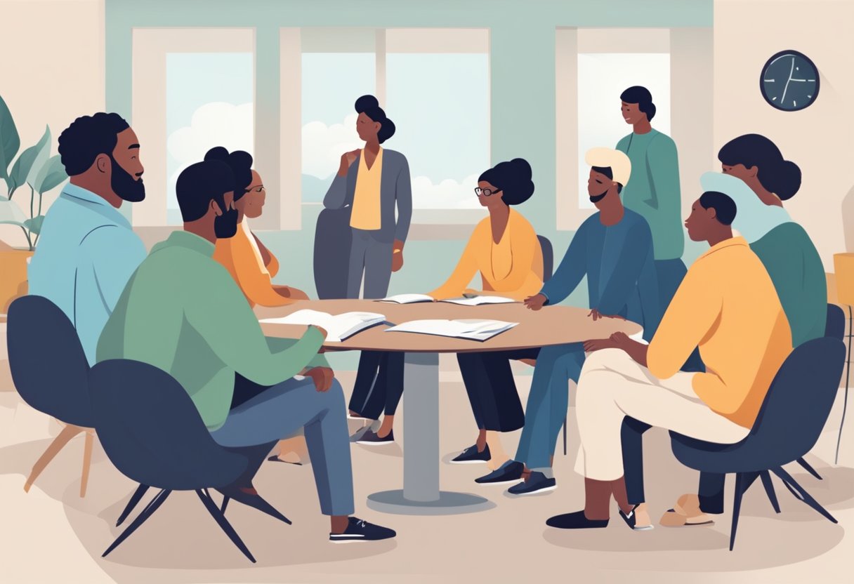 A group of people in a peaceful discussion, with a mediator facilitating the conversation. The setting is professional and calm, with a focus on problem-solving