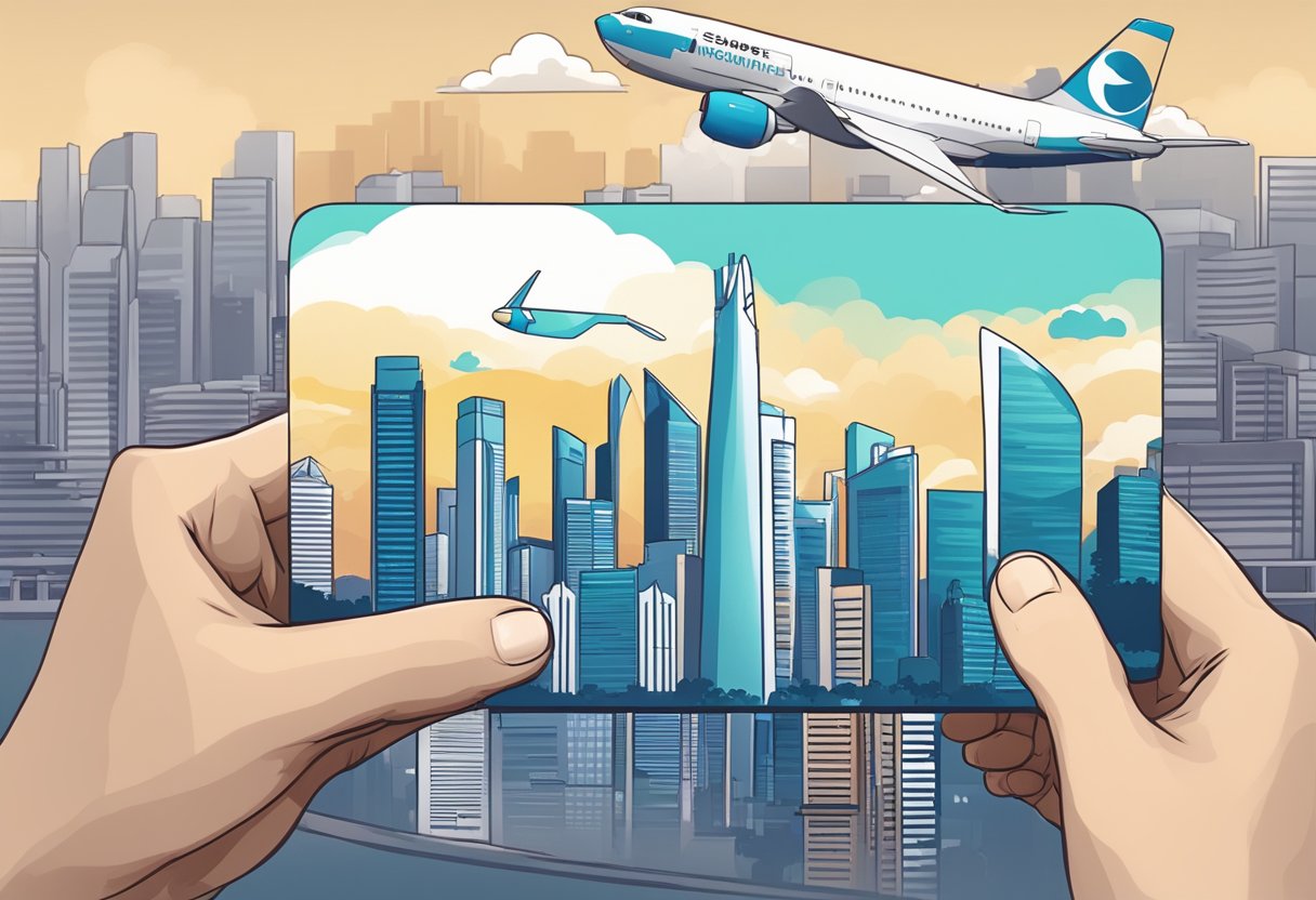 A student holding a Singapore pass in front of a city skyline