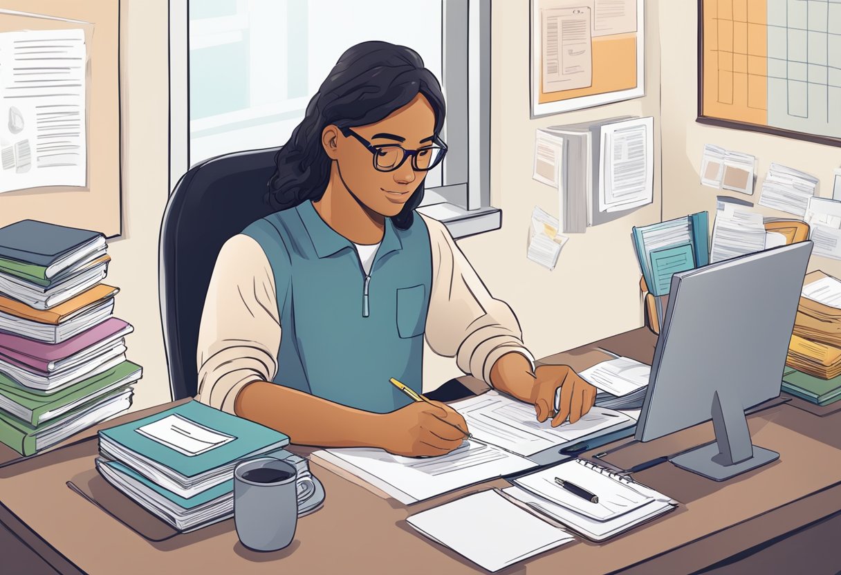 A student fills out a form at a desk, surrounded by documents and a computer. A passport and school acceptance letter are placed nearby