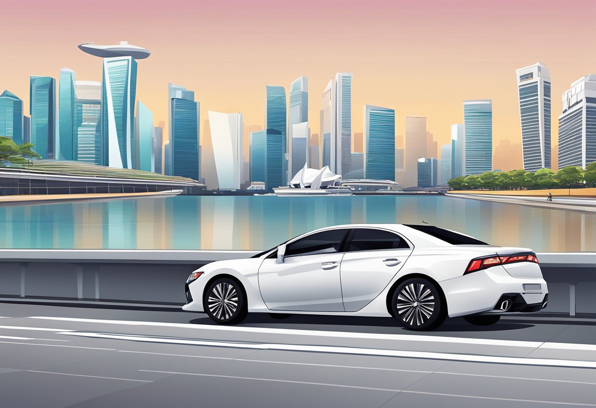 A sleek Mitsubishi car parked in front of the Singapore skyline, with iconic landmarks like Marina Bay Sands and the Singapore Flyer in the background
