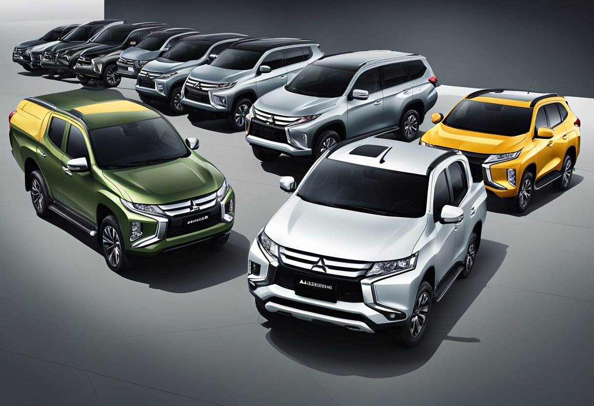 A lineup of Mitsubishi vehicles with detailed specifications displayed in a showroom setting