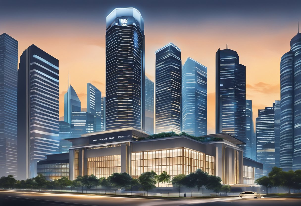The iconic UBS Singapore building stands tall against the city skyline, with its sleek and modern architecture shining under the bright city lights