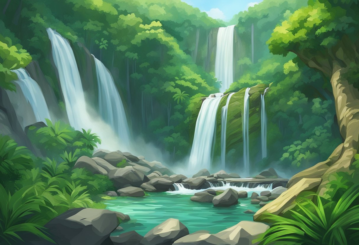 A powerful waterfall cascades down lush green rocks in Singapore