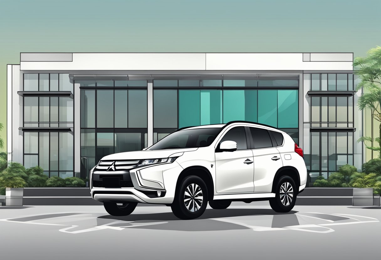 A Mitsubishi car parked in front of a modern showroom with the company's logo prominently displayed
