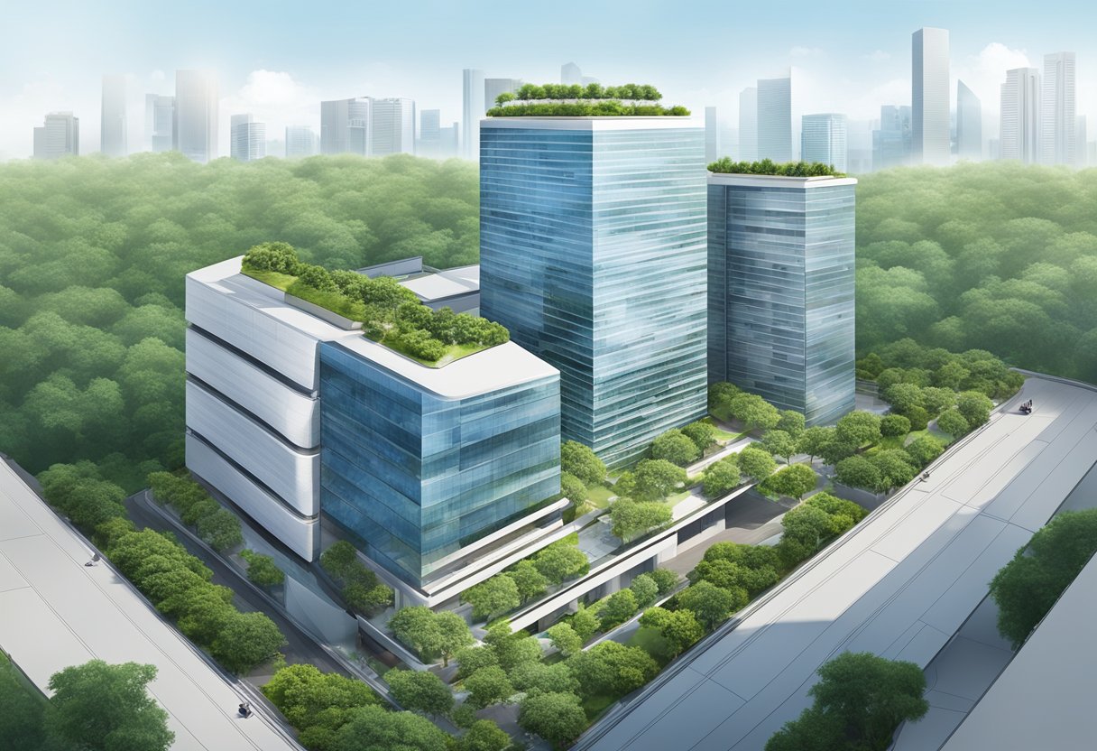 UBS Singapore Services: modern office building with sleek architecture, surrounded by bustling cityscape and lush greenery