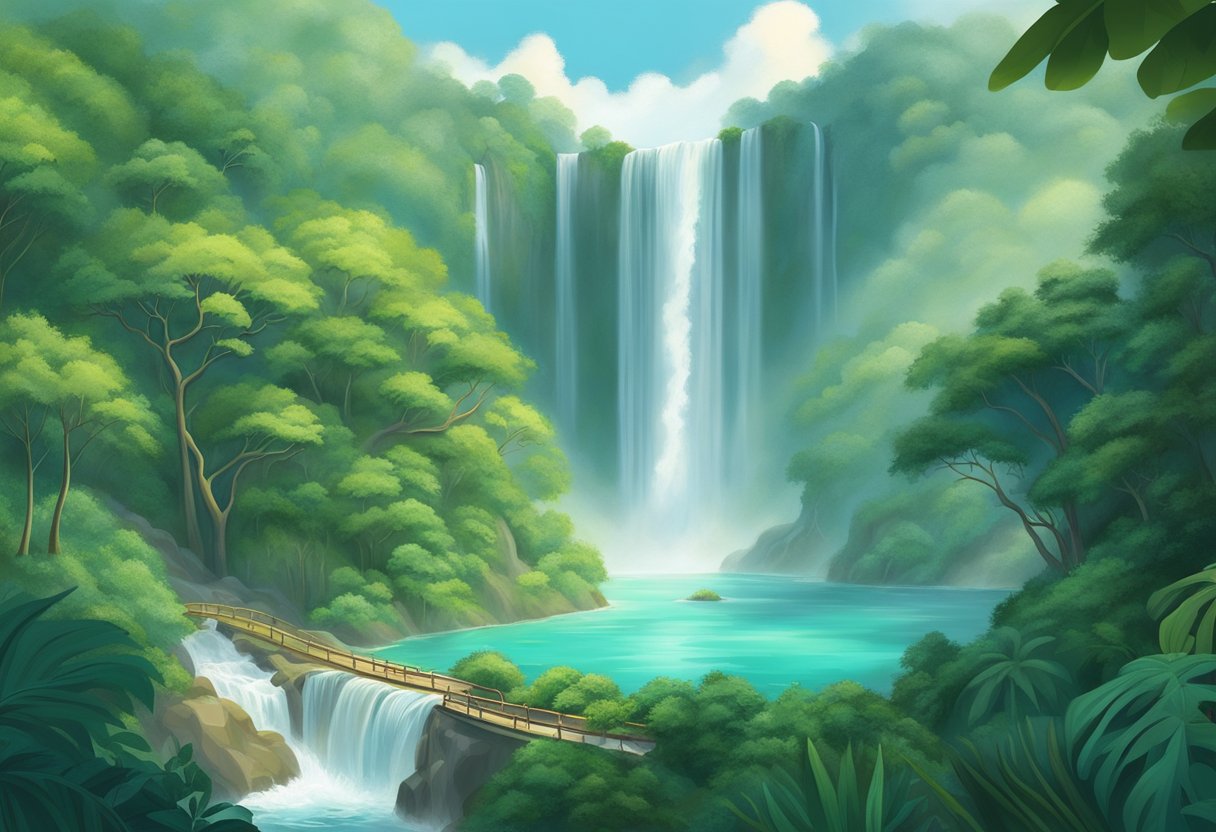 A powerful cascade tumbles down lush green cliffs, mist rising from the turquoise pool below. Surrounding foliage adds to the serene beauty of the iconic Singapore waterfall