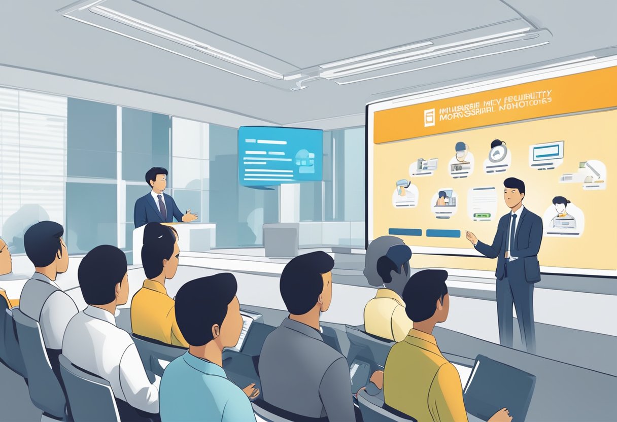 A customer service representative addressing a group of people with the words "Frequently Asked Questions Mitsubishi Motors Singapore" displayed on a screen behind them