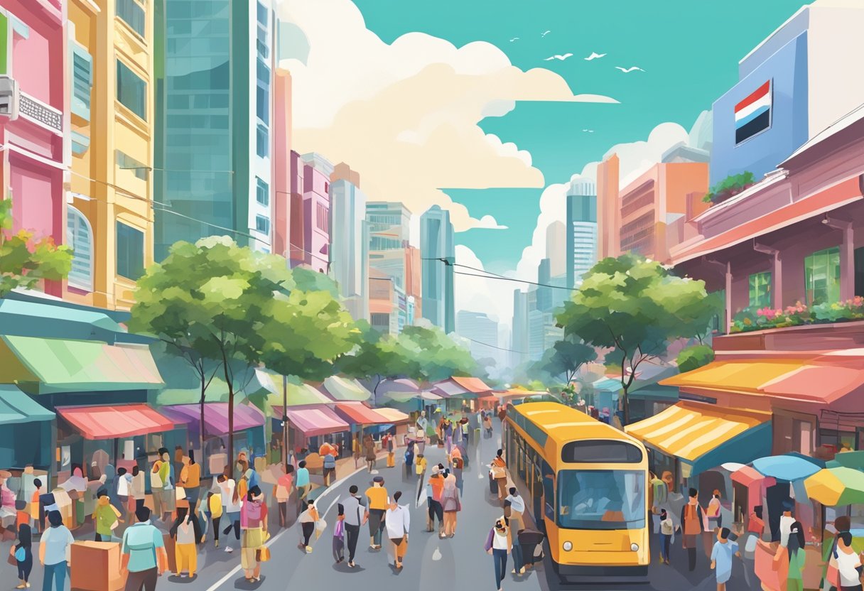 A bustling street in Singapore with colorful buildings, bustling markets, and people going about their daily activities